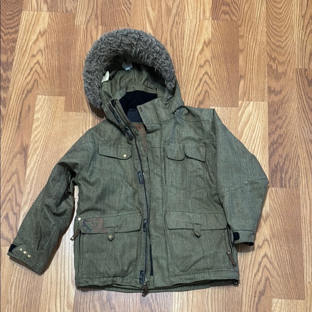 Obermeyer Green Puffer Jacket with Fur-Trimmed Hood ski winter warm style